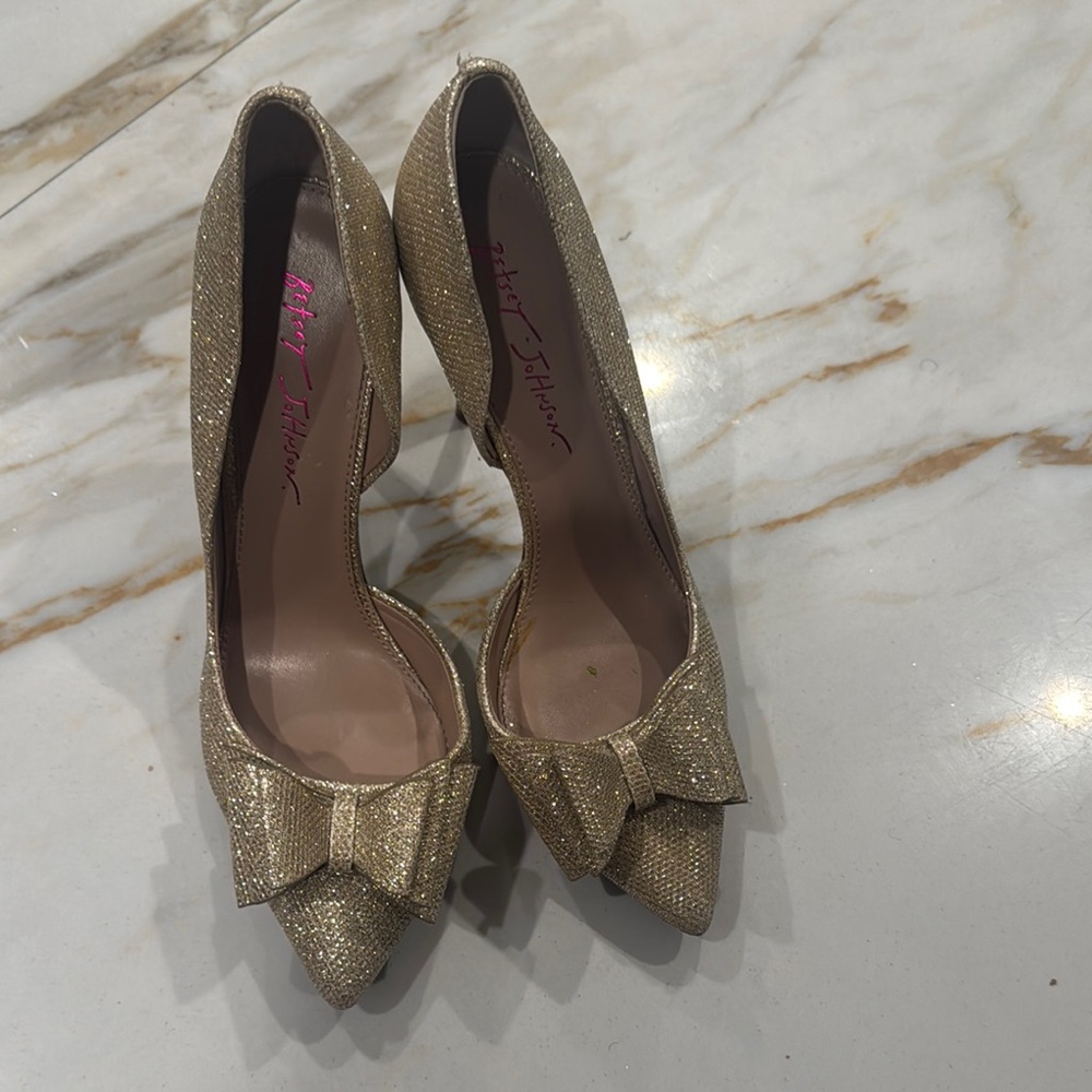 Betsey Johnson Gold Heels with Shimmery Finish and Bow Detail